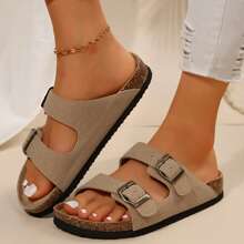 Comfy Women's Slide Sandals With,Adjustable Buckle Straps,And Slip-On Design. Features A Cork Footbed For Extra Comfort! - Brown - View 8