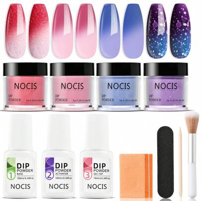 Färgförändrande dipppulver nagelkit startpaket, 4 färger rosa rött glitter blått humör temperaturförändrande dipppulver nagelkit flytande set med basöverlack aktivator för nagelkonst DIY salong semesterpresent akryl press-on naglar