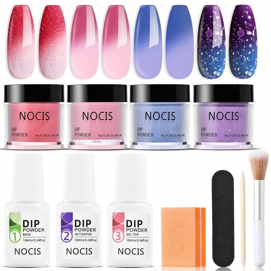 Kit de poudre à tremper changeant de couleur pour débutants, 4 couleurs rose, rouge, bleu pailleté, changement de température d'humeur, kit de trempage d'ongles avec base, vernis de finition, activateur pour art des ongles, DIY, cadeau de salon pour les fêtes