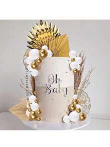 29PCS Gold Boho Cake Toppers White Gold Balls Palm Leaf Acrylic Ginkgo Leaf Cake Toppers Boho Gold White Foam Ball Cake Cupcake Toppers Gold Boho Theme Wedding Christening Shower Birthday Party,Christmas - Gold - View 3