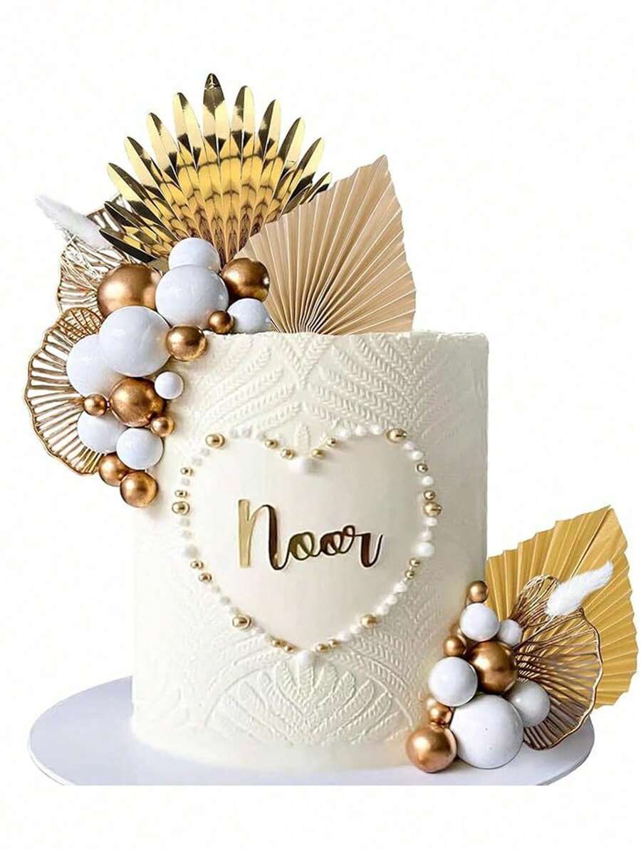 29PCS Gold Boho Cake Toppers White Gold Balls Palm Leaf Acrylic Ginkgo Leaf Cake Toppers Boho Gold White Foam Ball Cake Cupcake Toppers Gold Boho Theme Wedding Christening Shower Birthday Party,Christmas - Gold - View 1