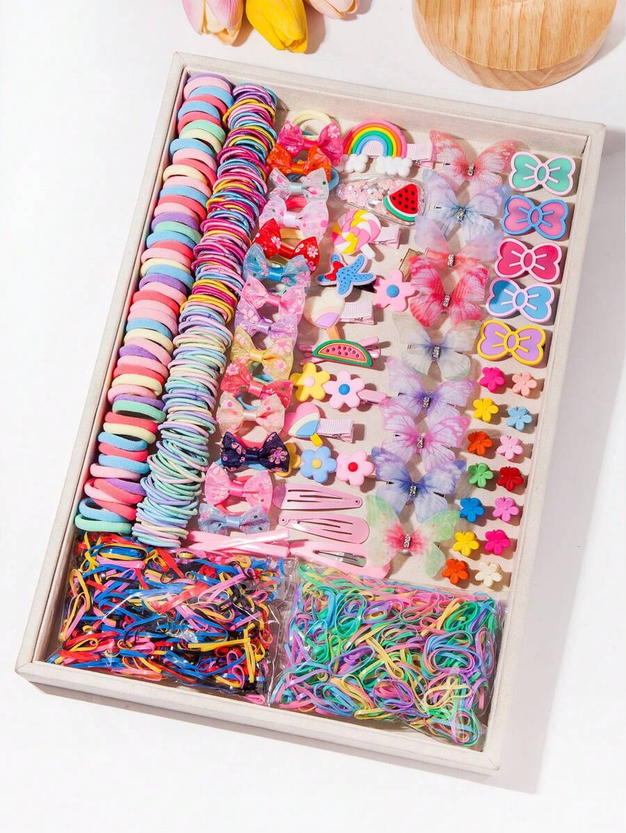 876件套女孩多色发圈、可爱发夹套装、弹性发绳、发饰、蝴蝶结发夹、蝴蝶发卡、可爱发饰 - 彩色 - 查看 1