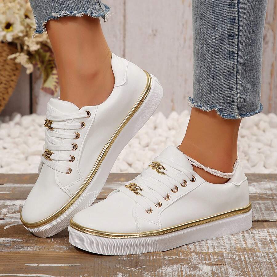 Zapatillas de lona de mujer de estilo y cómodas, de caña baja - Zapatillas informales con suela antideslizante y diseño de suela plana de punta redonda - Blanco - Ver 1