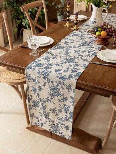 1 szt. Niebieski Vintage American Style Rose Floral Botanical Print bieżnik na stół, dekoracja do jadalni, kredens, odpowiedni do jadalni, gabinetu, pikniku, kolacji, Święta Dziękczynienia, Bożego Narodzenia