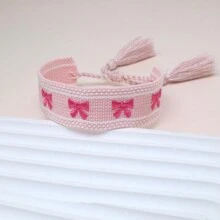 1 件手工刺绣蝴蝶结编织波西米亚风格时尚手链，适合家人、朋友、学生、节日礼物、派对、旅行、日常佩戴情人节、妈妈、母亲、母亲节、礼物 - 淺粉色 - 查看 3