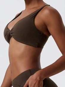 1pc Super Soft Nude Fabric Breathable Sweat Absorbent Yoga Sports Underwear Twisted Chest Design Back Sling Outdoor Workout Leisure Bra Running Fitness Pilates Women - 咖啡棕 - 查看 4