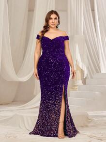 Faeriesty Plus Off Shoulder Split Thigh Sequin Formal Dress, Elegant Prom Evening Gown, For Wedding Guest, Graduation, Dinner