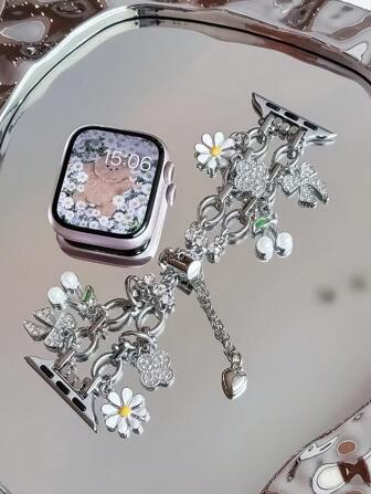 1 件时尚 表带金色女士手链，金属双链，兼容 系列 10/9/8/7/SE/6/5/4，38 毫米 40 毫米 41 毫米 42 毫米 44 毫米 45 毫米 46 毫米 49 毫米，适合女士的智能表带，手链腕带可作为礼物，送给朋友的礼物，可调节 表带