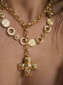 1pc 18K Gold Plated Titanium Steel Cross Water Spin Bead Chain Necklace