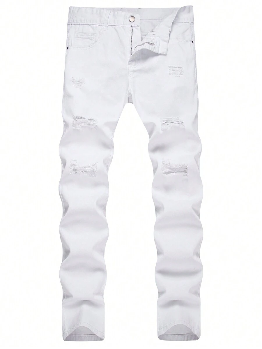 Men's Distressed Slim Straight Fit Denim Jeans - White - View 1