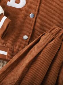 2pcs/Set Young Girl Collegiate Baseball Jacket & Corduroy Skirt, Fall & Winter - Brown - View 4