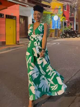 Printed Tie-Belt Zip Up Gathered Waist Backless Dress For Women