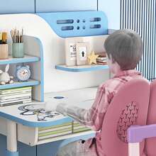 2Pcs/Set Premium Kids Study Desk Chair Set, Height Adjustable Children School Study Table Chair Set With Astronaut Pattern, Ergonomic Desk Chair With Large Writing Board, Bookshelf And Drawer