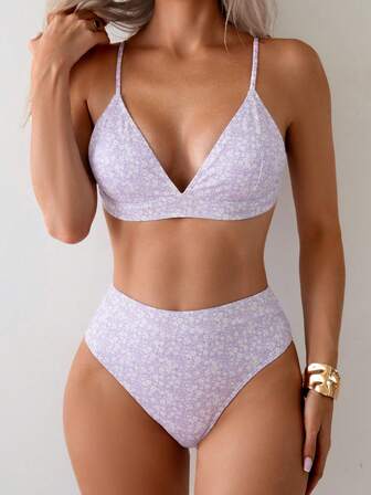 Women's Floral Print Spaghetti Strap Backless Tie 2 Pieces Bikini Set Set, Fashionable & Elegant Bikini For Summer Vacation Beachwear