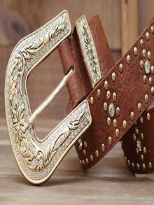 Women's Country Belt Caramel Brown With Rhinestones And Gold Buckle - Lạc đà - Xem 2