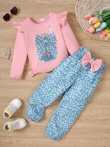2pcs Young Girl Casual Backprint Long Sleeve Top + Ditsy Floral Long Pants Set, Suitable For Spring/Autumn Daily And Outdoor Wear - Pink - View 1