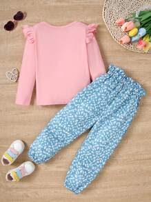2pcs Young Girl Casual Backprint Long Sleeve Top + Ditsy Floral Long Pants Set, Suitable For Spring/Autumn Daily And Outdoor Wear - Pink - View 2