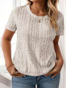 Women's Eyelet Embroidery Short Sleeve Tops Shirts Solid Crewneck Retro Casual Holiday T-Shirts - Màu be - Xem 2