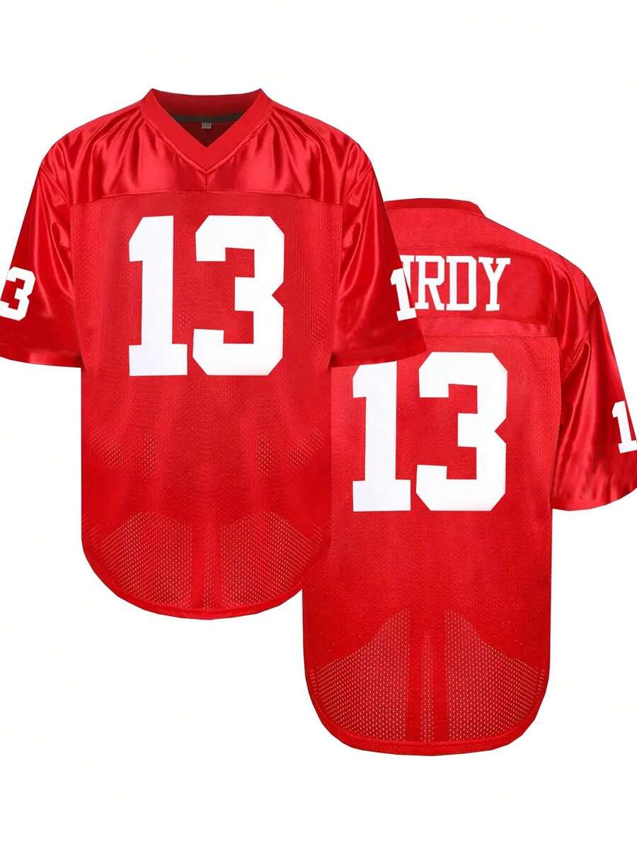 男士#13#15刺绣字母美式橄榄球球衣，宽松V领经典复古网眼透气短袖套头运动T恤，适合街头嘻哈足球风、日常派对、运动训练 - 紅色 - 查看 1