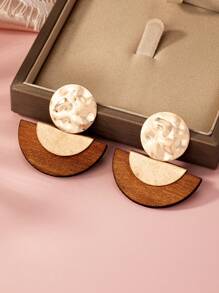 Swim Chiccia 1 Pair Bohemian Women Retro Elegant Hammered Metal Round & Semi-Circle Wood Earrings, Fashionable Accessories For Spring/Summer And All Year Round - Earring - View 2