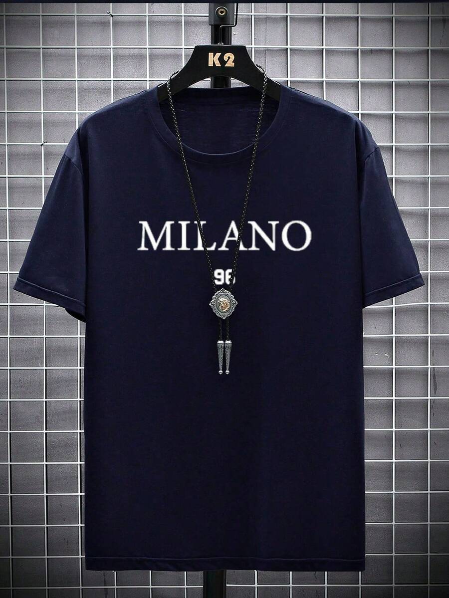 Manfinity Homme Men's Short Sleeve T-Shirt With Letters And Numbers Printed For Summer - Màu xanh hải quân - Xem 1
