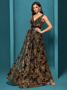 XUIBOL Women's Sequined Embroidery Fitted V-Neck Sleeveless Floor Length Formal Evening Gown, Elegant And Sophisticated For Party, Banquet, Ball (Heavily Decor) Party Dress Wedding Guest Dress Evening Dress - 金色 - 查看 3