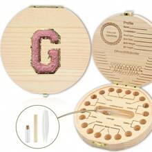 创意首字母木质牙齿收纳盒木质牙盒脐带牙齿收集盒婴幼儿纪念品盒刺绣字母A到Z - 杏色 - 查看 27