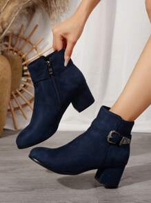 Autumn And Winter New Women's Ankle Boots And Short Boots, Thick Heel Round Toe Suede Fashionable Women's Boots, Metal Buckle Strap Fashionable Versatile Comfortable High Heels,Boots For Women - Blue - View 1