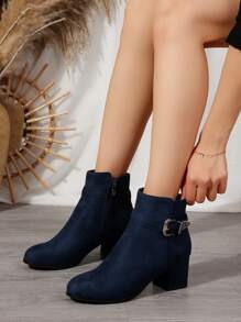 Autumn And Winter New Women's Ankle Boots And Short Boots, Thick Heel Round Toe Suede Fashionable Women's Boots, Metal Buckle Strap Fashionable Versatile Comfortable High Heels,Boots For Women - Blue - View 3