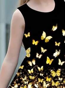 Girls' Casual Elegant 3D Sunflower & Butterfly Print Sleeveless Cute Dress, Suitable For Everyday, Vacation, Party, Graduation, Back To School, Christmas