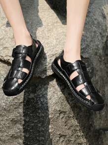 Giày Sandal Da Thủ Công Cho Nam, Giày Đế Bằng Thoáng Khí Chống Trượt, Giày Sandal La Mã Đi Biển Ngoài Trời, Giày Thể Thao Mềm Mại Thời Trang Cho Nam, Mùa Hè - màu đen - Xem 6