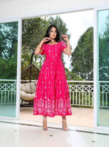 Women's Long Luxury Tricoline Print Short Sleeve Dress - Màu Hồng Tươi - Xem 1