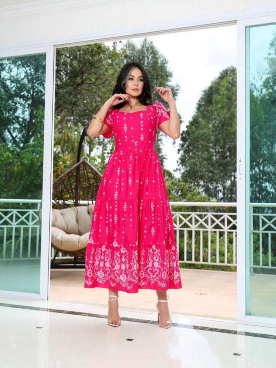 Women's Long Luxury Tricoline Print Short Sleeve Dress - Màu Hồng Tươi - Xem 1