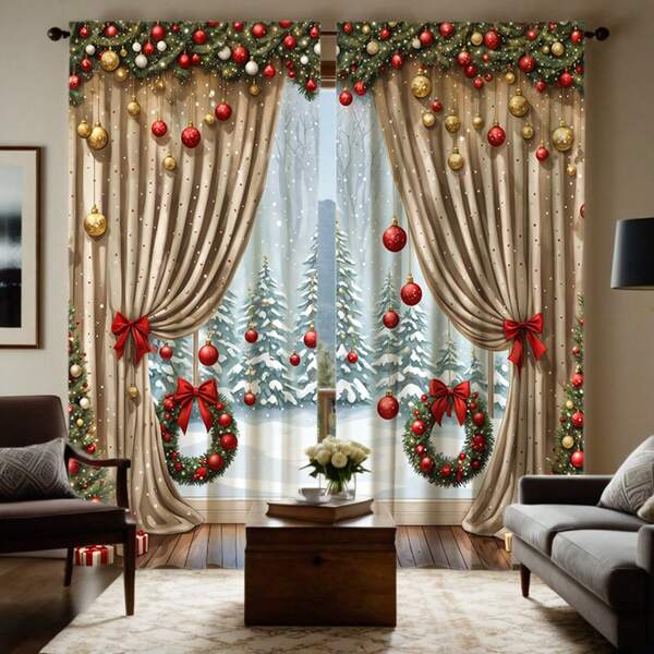 2 Pezzi di Tende Decorate Digitali Ad Alta Definizione Realistiche, Tende Decorative Natalizie Colore Marrone Lussuoso, Stile di Decorazione per Casa per Soggiorno, Camera da Letto, Tende per Finestra