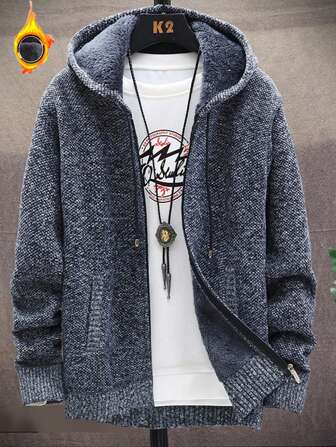 Chaqueta de punto gruesa con cremallera completa, estilo coreano, para hombres, para negocios/viajes, con bolsillos, forro térmico y capucha