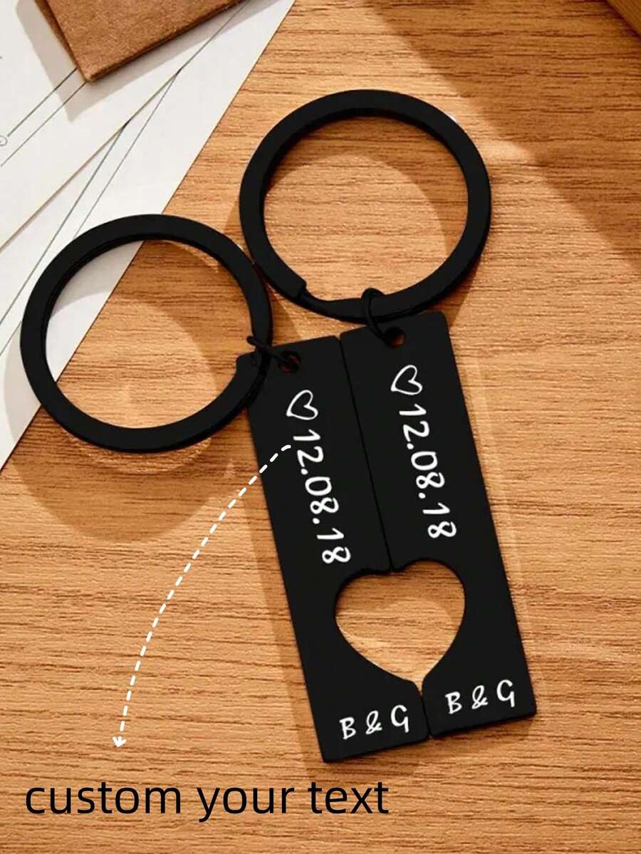 1 par de llaveros de acero inoxidable personalizados, duraderos y elegantes, anillos de llaves de pareja de moda personalizados, ideales para regalos de aniversario y cumpleaños - Negro - Ver 1