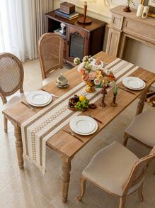 1pc Farmhouse Crochet Patchwork Table Runner, Boho Style Coarse Linen Coffee Color Geometric Pattern, Vintage Charm, Comfortable And Elegant For Coffee Table, Sideboard, Cabinet Cover, Home Decor, Suitable For Kitchen, Dining Room, Dinner Party, Wedding, Bridal Shower, Christmas, Thanksgiving - Multicolor - View 4