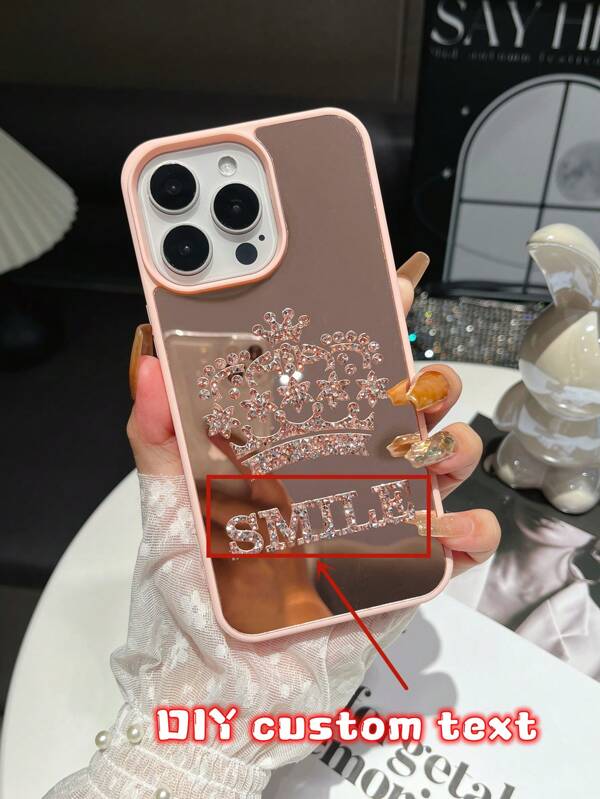 1 pieza Funda personalizada para teléfono móvil con espejo de cristal Rhinestone en forma de corona, diseño personalizado de funda de teléfono con números y letras de la suerte, compatible con