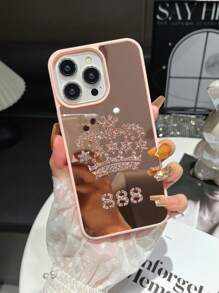1pc Customized Crown Rhinestone Mirror Silver Mobile Phone Case, Personalized Design Phone Cover With Lucky Numbers And Letters, Compatible With IPhone