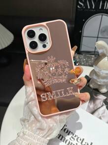 1pc Customized Crown Rhinestone Mirror Silver Mobile Phone Case, Personalized Design Phone Cover With Lucky Numbers And Letters, Compatible With IPhone