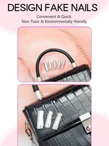 24 件长方形银色镀铬按压指甲前卫朋克风格假指甲带 3D 金属环装饰设计光泽全覆盖假指甲适合女士和女孩 - 銀色 - 查看 3