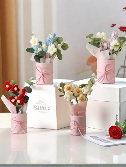 1 Set Handmade Knit Yarn Artificial Flower Bouquet With 5pcs Crochet Flowers, Fabric Knitted Flowers, Plastic Barrel, Packaging Paper Suitable For Birthday Or Anniversary Gift For Mom,Women, Bestie, Friend, Mother'S Day Gift, Valentine'S Day Gift, Birthday Gifts, Home Table Decoration, Valentine Day, Gift,Fake Plants