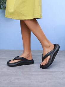 Women's Solid Color Flip Flops With Lightweight And Soft Soles, Summer Holiday Beach Slippers EVA Non-Slip