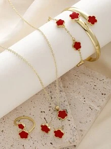 5 Peças Conjunto de Joias Flor da Sorte Cintilante com Brincos Brilhantes, Colar, Pulseira e Anel para Meninas - Conjunto de Liga Fashionável e em Forma de Trevo, Perfeito como Presente - Tamanho Único - Visão 10