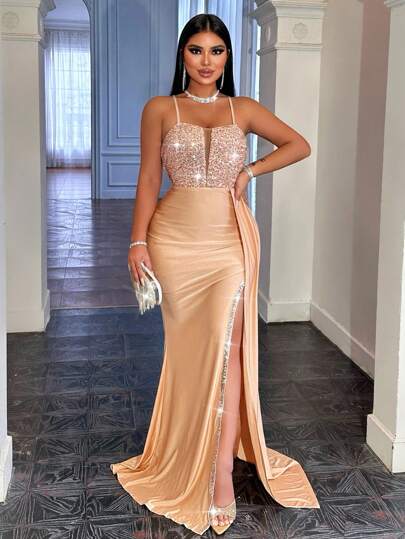 CHOSMO Champagne Formal Dress Prom Dresses For High School Back Zip Up Backless Sequin Spliced Maxi High Waist And Side Slit Ribbon Slim Fit Elegant Evening Dress Women's Prom Dress