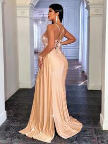 CHOSMO Valentine's Day Christmas Prom Dresses For High School Back Zip Up Backless Cami Sequin Spliced Maxi High Waist And Side Slit Ribbon Slim Fit Elegant Evening Women's Prom Dress