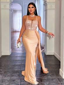 CHOSMO Valentine's Day Christmas Prom Dresses For High School Back Zip Up Backless Cami Sequin Spliced Maxi High Waist And Side Slit Ribbon Slim Fit Elegant Evening Women's Prom Dress