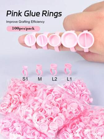 100Pcs Pink Round Glue Rings Disposable Adjustable Plastic Glue Holder Cup For Eyelash Extensions Application