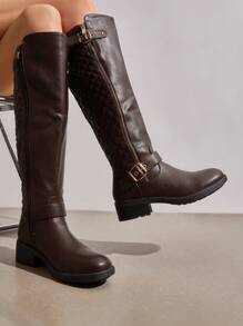 Women's Wide Calf Knee High Boots, Low Stacked Heel Riding Boots For Fall And Winter - Brown - View 3