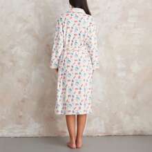 Women Soft Fleece Long Belted Robe Floral Fruit Print Plush Shawl Collar Bathrobe Warm Lounge Robe Pjs Party Kimono Robe - White Strawberry - View 5